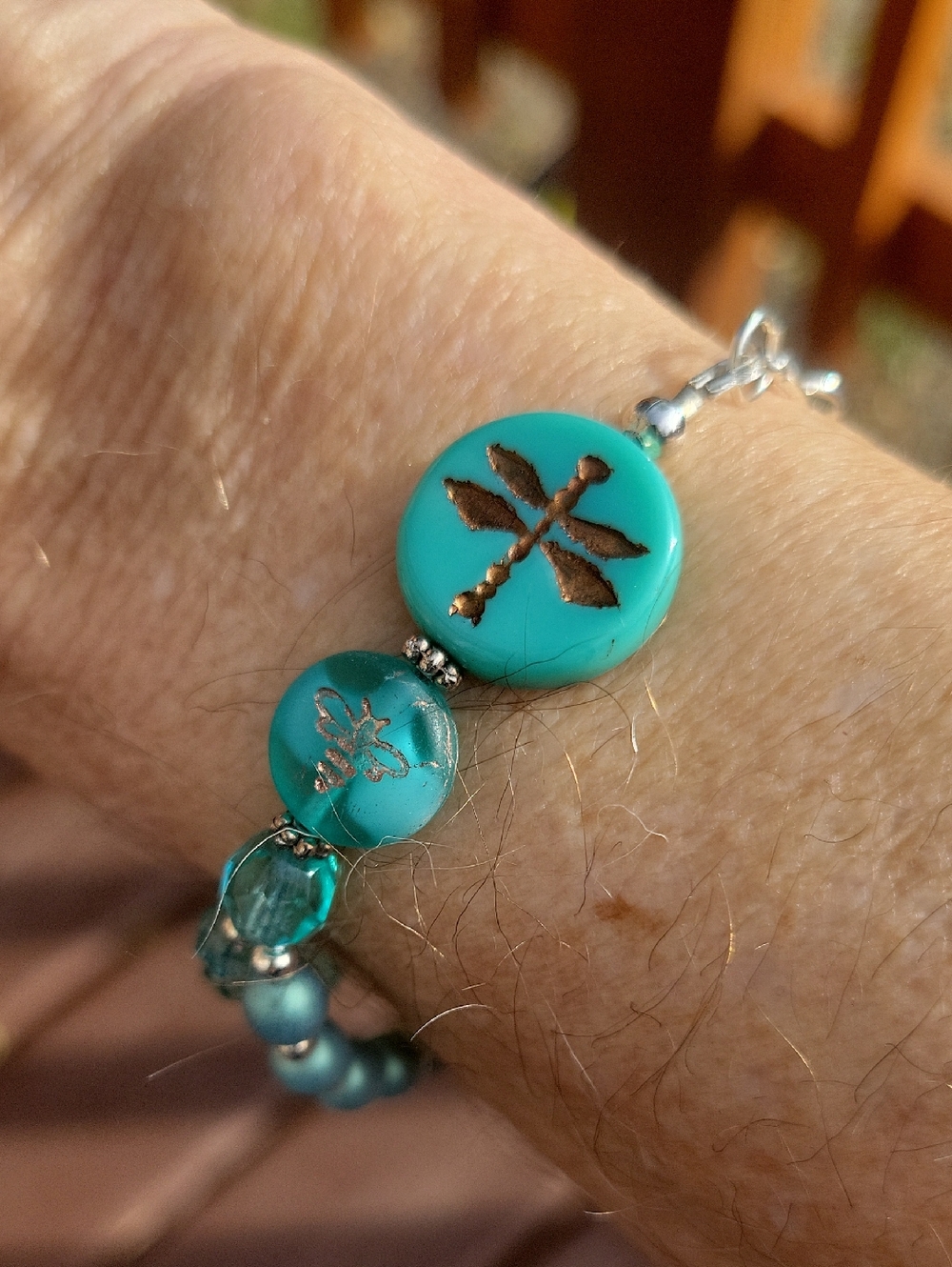 Double Strand Dragonfly with Bee And Czech Glass Pearls And Beads Bracelet